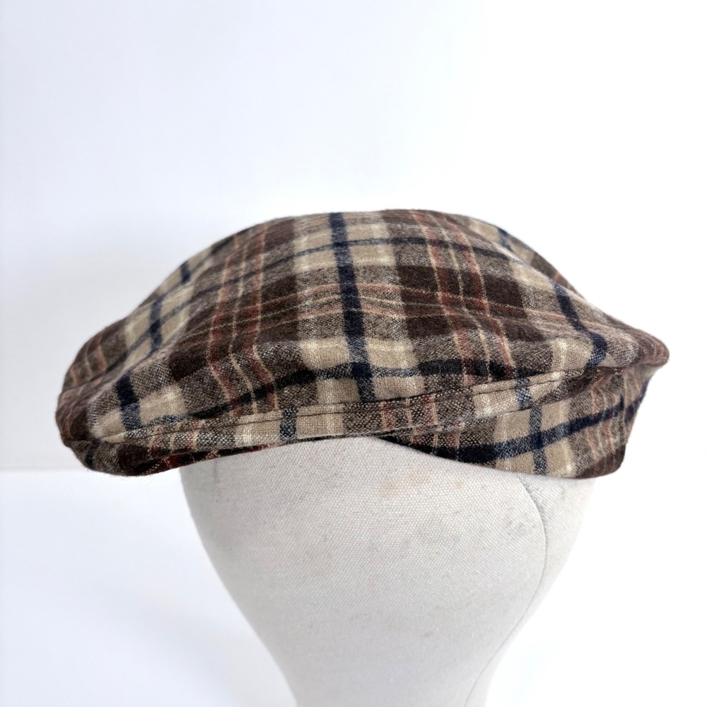 Vintage Pendleton Plaid Flat Cap Brown Tan Navy Blue Newsboy Ivy Hat Size 7 Sm